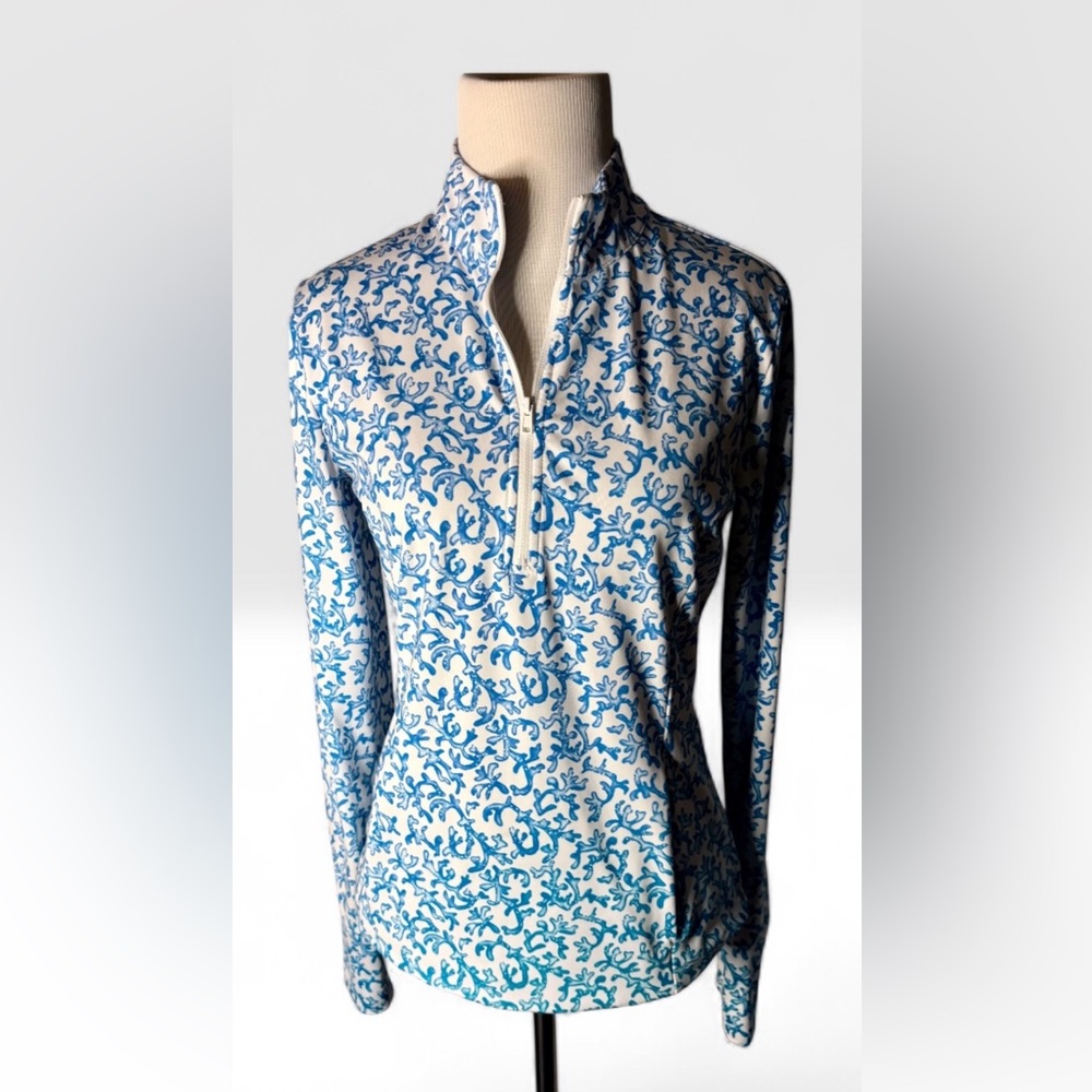 Tommy Bahama Women's Small Tennis Golf Top Blue Coral 1/4 Zip Long Sleeve